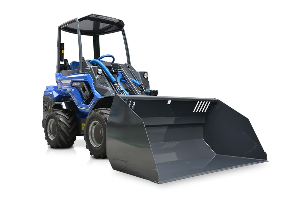 full view of a material bucket assembled on a mini loader