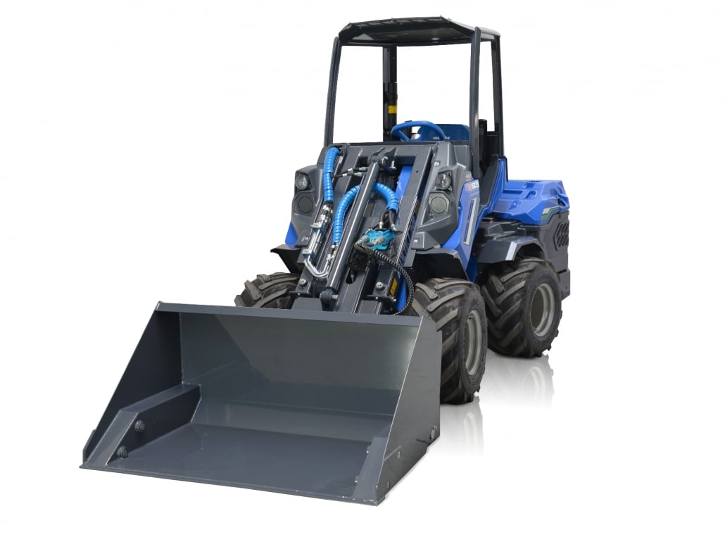 high tip bucket assembled on a mini loader full view