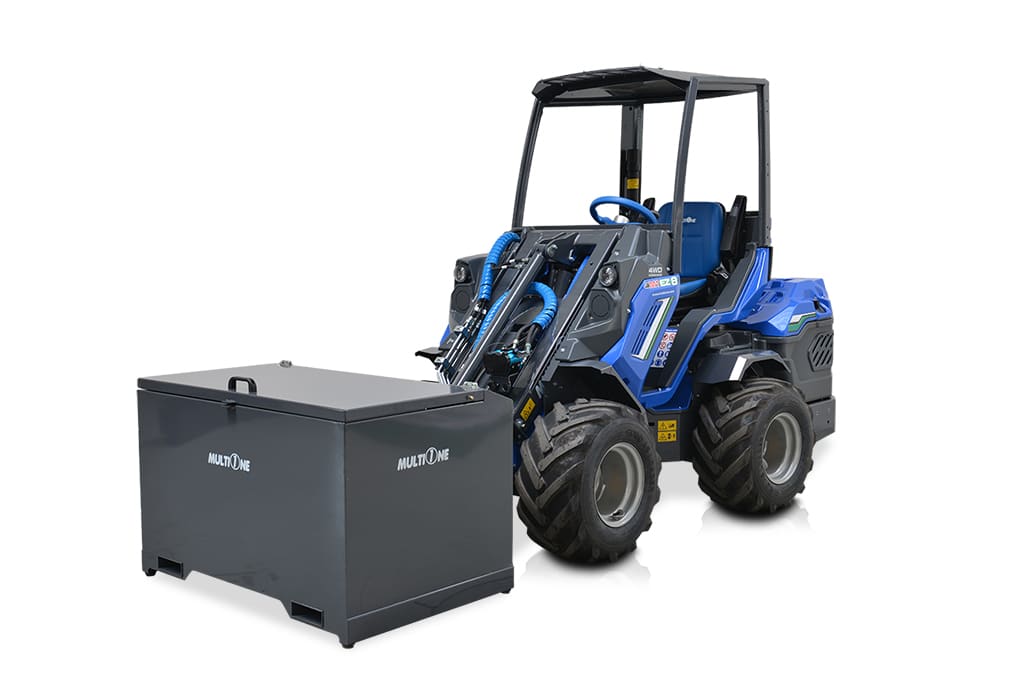 job site tool box with mini loader, full view