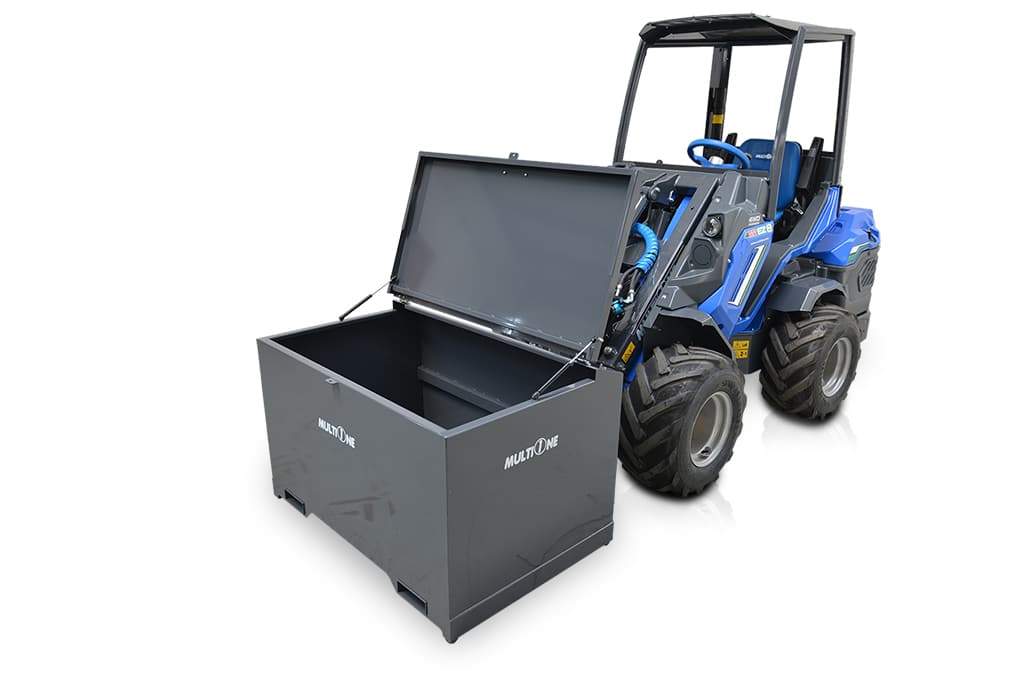 opened job site tool box assembled on a mini loader