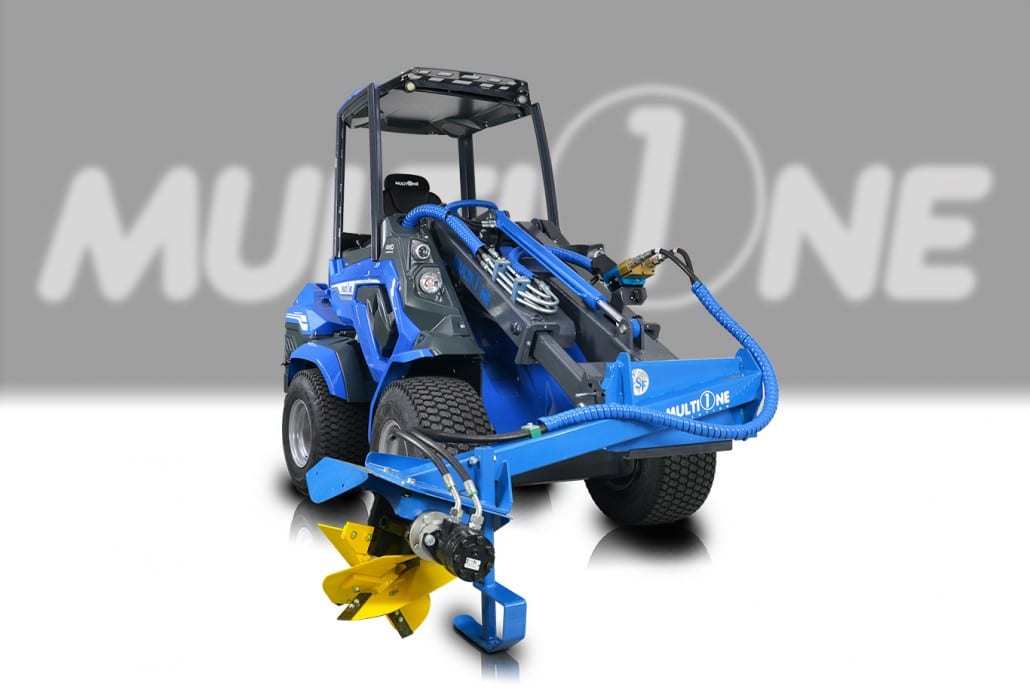 full view of a multione mini loader attached with a power plough